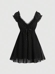 Sweetra Minimalist Sexy Style Black Lace Trim Polka Dot Short Sleeve Women's Dress, Waist-Flattering Slimming Skirt For Spring/Summer - Black - View 1