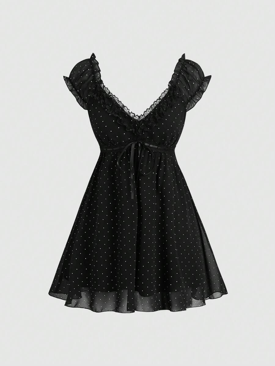 Sweetra Minimalist Sexy Style Black Lace Trim Polka Dot Short Sleeve Women's Dress, Waist-Flattering Slimming Skirt For Spring/Summer - Black - View 1