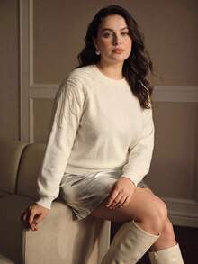 MOTF PREMIUM WOMEN'S PLUS SIZE ELEGANT BEADED DETAIL SWEATER - Beige - View 2