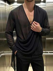 ZURIURI Men's Sheer Casual Elegant Long Sleeve Shirt - Black - View 3