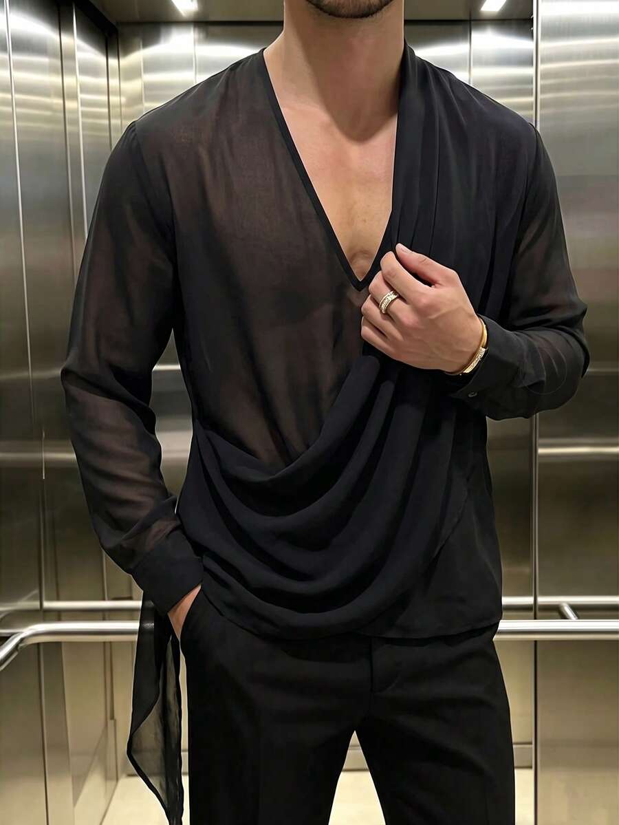 ZURIURI Men's Sheer Casual Elegant Long Sleeve Shirt - Black - View 1