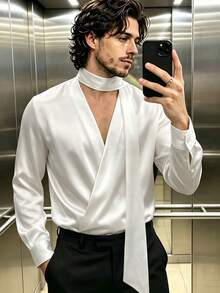 Manfinity Dauomo 男士優雅休閒深V領長袖襯衫，附領結緞帶 - 白色 - 查看 1
