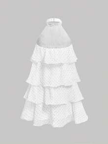 SHEIN MOD Vestido mini con cuello halter, espalda descubierta y volantes multicapa con lunares en blanco & negro - Blanco y Negro - Ver 4