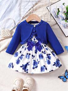 Baby Girls' Ruffle Trimmed Jacket And Floral Printed Sleeveless Dress Set - Royal Blue - View 1