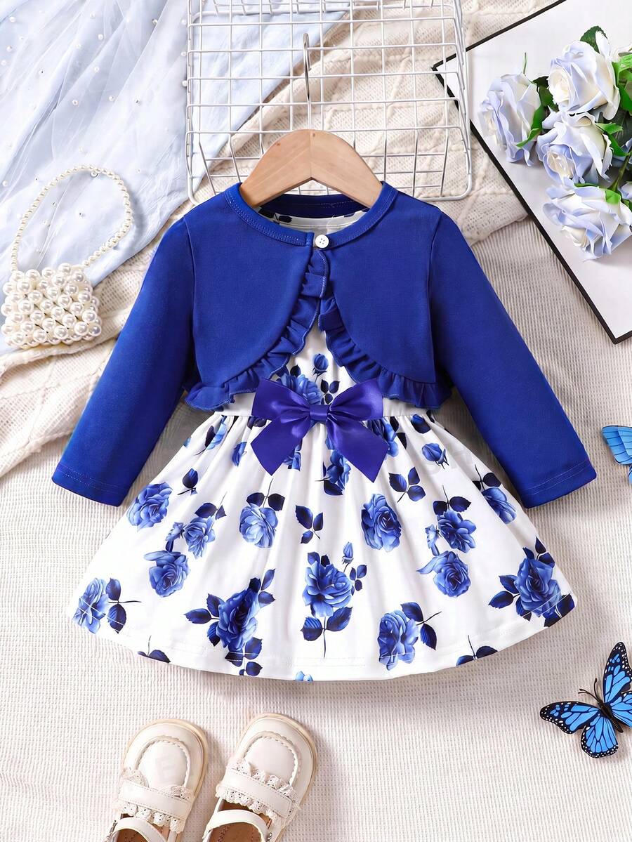 Baby Girls' Ruffle Trimmed Jacket And Floral Printed Sleeveless Dress Set - Royal Blue - View 1