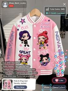 SHEIN Girls' Casual Fashion Spring/Autumn Colorful 3D Floral Contrast Color Baseball Jacket - Pink - View 7