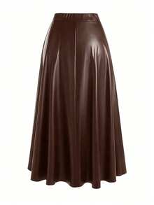 Femmeverse Plus Size Fashion Commuter Solid Color Skirt Fall - Brown - View 2