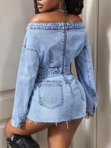 BamGleam Women's Off-Shoulder Denim Casual Versatile Daily Wear Top - Blue - View 2