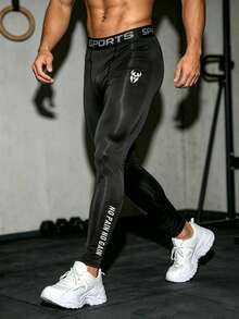 GymBeat 男士標語印花高彈性運動壓縮緊身褲 - 黑色 - 查看 4