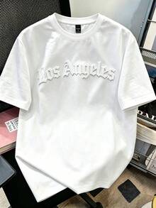 Daypath 3D 壓紋設計洛杉磯字母印花 T-shirt，短袖，休閒日常穿著，男女皆宜，都市街頭風 - 白色 - 查看 9