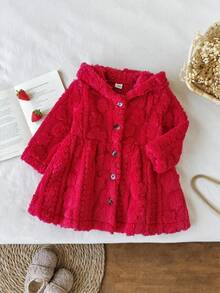 SHEIN 女嬰紅色珊瑚保暖連帽長袖外套，保暖內裡加厚，時尚百搭，適合室內外活動，秋冬款 - 紅色 - 查看 3