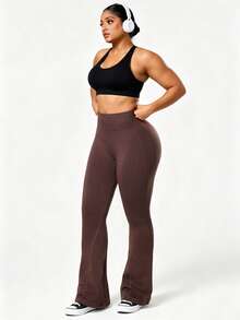 SHEIN Velisys Women's Plus Size Solid Color Ruched Casual Daily Wear Sports Tight Flare Pants - Coffee Brown - View 6