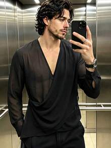 ZURIURI Men's Sheer Casual Elegant Long Sleeve Shirt - Black - View 1