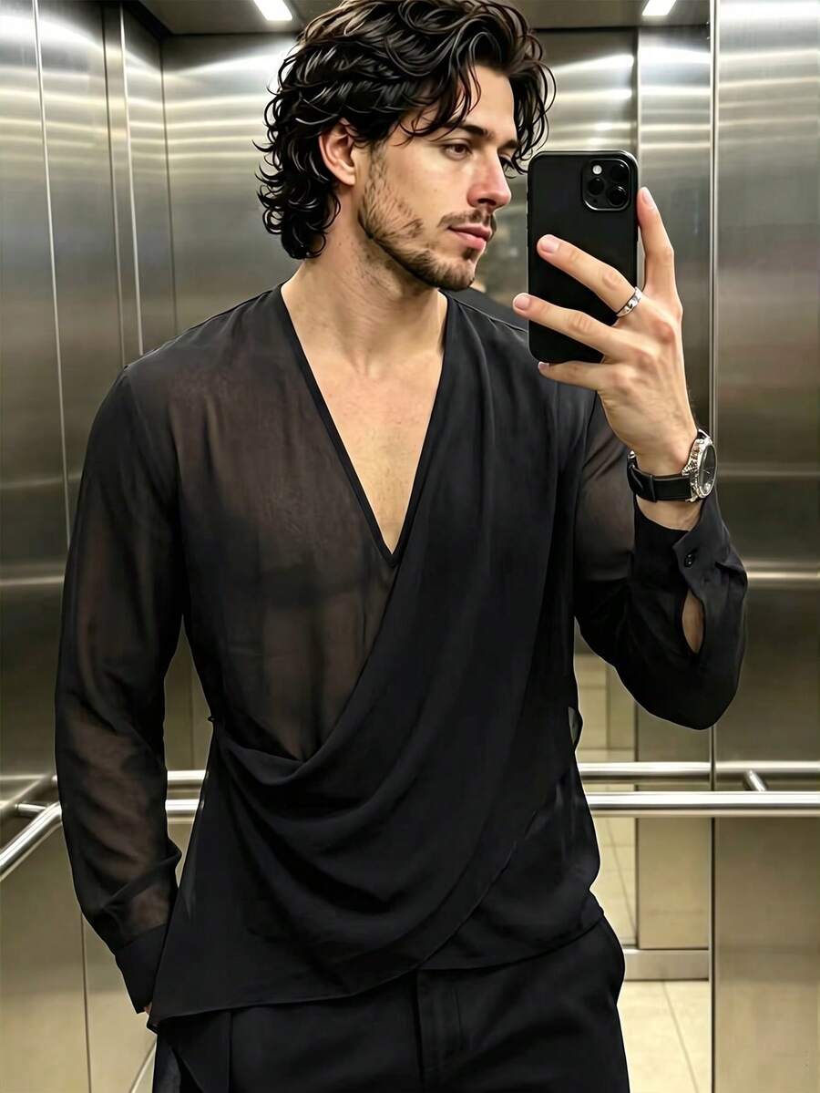 ZURIURI Men's Sheer Casual Elegant Long Sleeve Shirt - Black - View 1