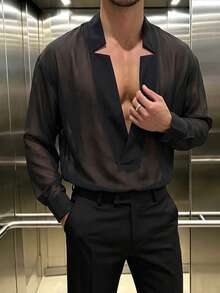 Manfinity Dauomo 男士時尚性感透視襯衫 - 黑色 - 查看 6
