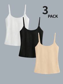 SHEIN BASICS 女款純色修身百搭日常穿著細肩帶背心上衣 3件/組 - 彩色 - 查看 2
