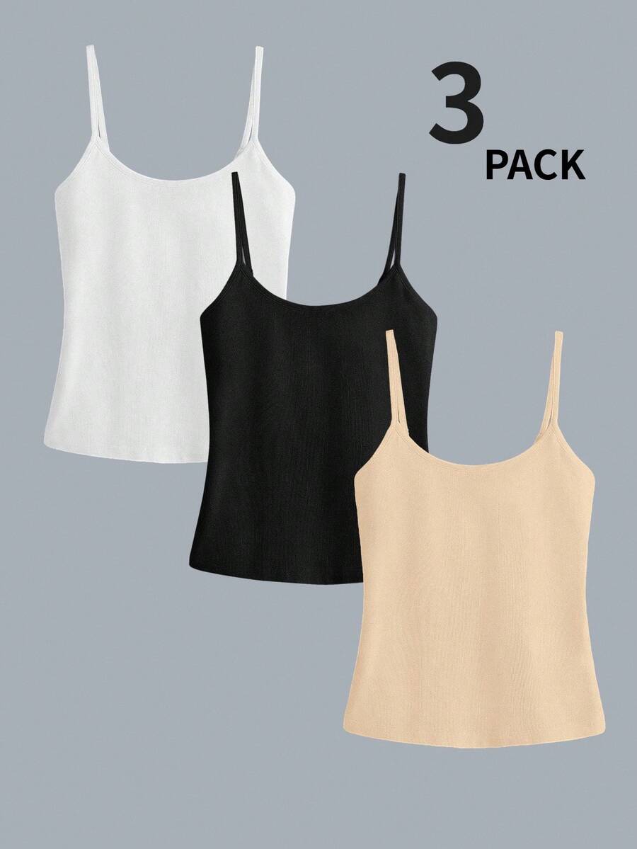SHEIN BASICS Women's Solid Color Fitted Versatile Daily Wear Everyday House Daytime Camisole Tank Tops 3pcs/Set White Beige Black Summer Modest - Multicolor - View 1