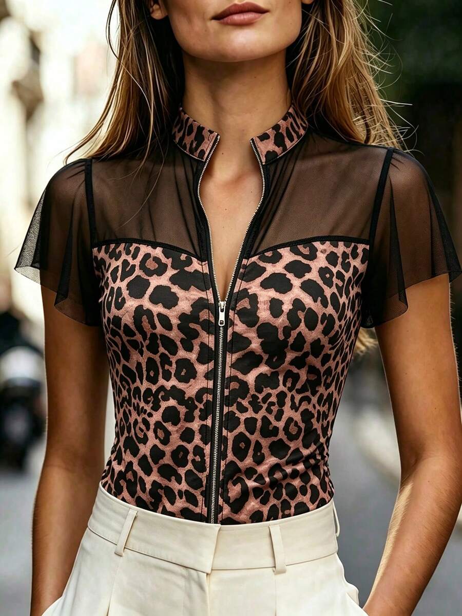 SHEIN Sommer Mode Mesh Patchwork Leopardenmuster Top Club Party Schwarz und Weiß Leopardenmuster Sexy - Verschiedenfarbig - Übersicht 1