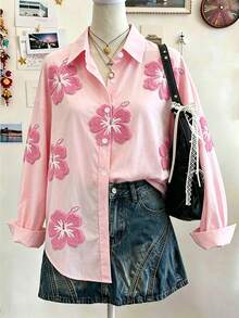 Lalippa 女款花卉刺繡落肩長袖單排扣休閒襯衫 - 彩色 - 查看 5