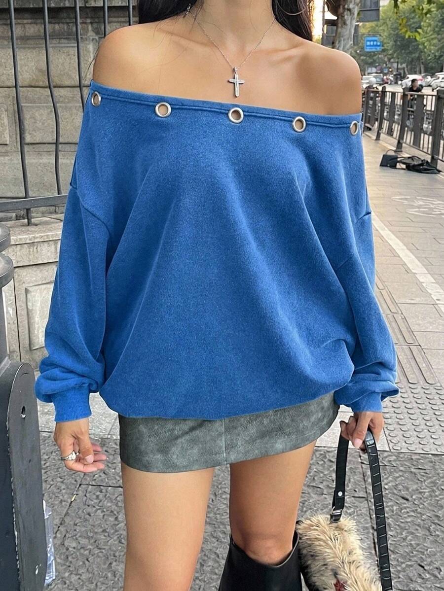 Coolane 女款眼睛圖案不對稱肩長袖寬鬆衛衣，適合外出與日常穿著，矢車菊藍，秋季休閒街頭風 - 藍色 - 查看 1