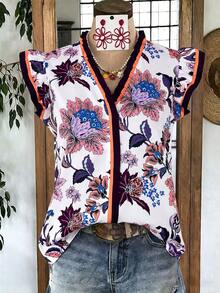 SHEIN Franclia 女款花卉印花V領荷葉邊短袖上衣，度假風女式上衣，藍色上衣，節慶穿搭 - 橘色 - 查看 3