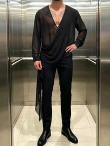 ZURIURI Men's Sheer Casual Elegant Long Sleeve Shirt - Black - View 4