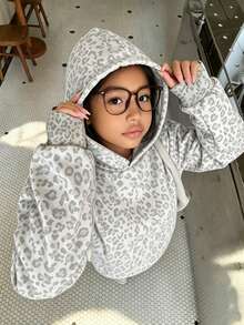 青少年女孩休閒純色豹紋連帽衛衣，長袖寬鬆短版運動上衣，3款隨機發送1件，女孩日常基礎連帽上衣 - 彩色 - 查看 8