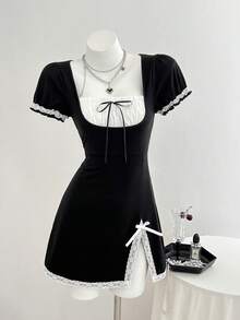 Elamini Robe courte d'été douce vintage noir & blanc contraste avec bordure en dentelle et nœud fendu - Noir - Voir 5