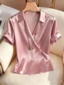 SHEIN Franclia 优雅粉色缎面短袖荷叶边领衬衫，可机洗，适合休闲和商务场合穿着，四季皆宜，夏季穿着舒适，缎面衬衫，情人节粉色衬衫，浪漫粉色衬衫，办公室衬衫 - 粉色 - 查看 6