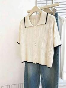 SHEIN Franclia 女士休闲宽松 Polo 领短袖镂空针织撞色滚边开衫，春夏款 - 米色 - 查看 6