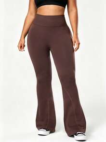 SHEIN Velisys Women's Plus Size Solid Color Ruched Casual Daily Wear Sports Tight Flare Pants - Coffee Brown - View 4