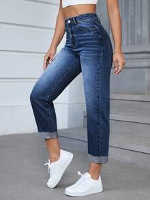 Flexra Casual Washed High Waist Denim Jeans - Dark Wash - View 4