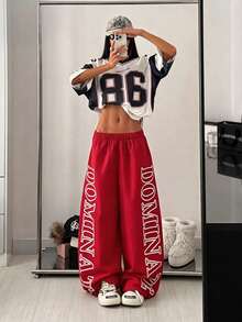 StreetHx Women's Streetwear Letter Print Elastic Waist Wide Leg Long Pants - Red - View 5