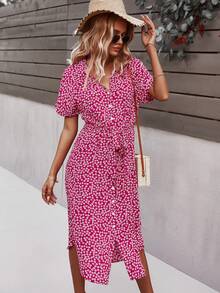 SHEIN Holidaya Ditsy Floral Tie Front Button Through Dress - Red Violet - View 5