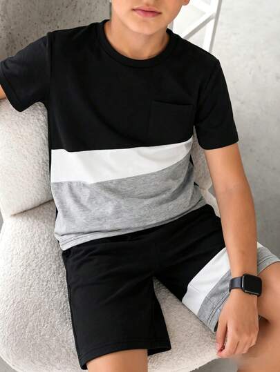 Vacaura Set de 2 camisetas de cuello redondo con bloques de color para niños, cómodas y de moda para uso diario, escuela y deportes