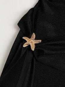 Sunnyshic Women's Summer Dress With Shimmering Draped Neckline, Halter Tie, Metal Starfish Buckle, High Slit, Elegant Sweet Sexy Party Date Romantic Vacation Beach Dress, Beach Outfit - Black - View 5