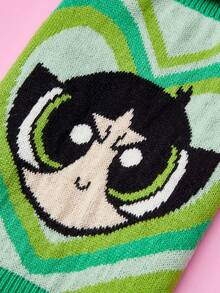 THE POWERPUFF GIRLS X PETSIN 1件綠色愛心可愛卡通提花高領寵物毛衣，超彈力保暖，讓貓狗舒適時尚，柔軟透氣面料，適合室內依偎或戶外散步 - 綠色 - 查看 6