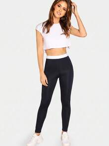 SHEIN BASICS 女款拼色高腰日常健身緊身褲 - 黑色 - 查看 7