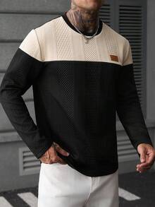 EGENSIO Men's Autumn Textured Jacquard Fabric Casual Color-Block Patchwork T-Shirt - Black - View 4