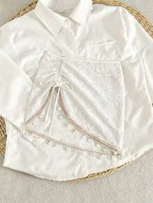 Swim Lushoire Women's Summer Beach Vacation Drawstring Ruched Starfish Shell Tassel Solid Color Special Texture Fabric Split Hem Skirt - White - View 5
