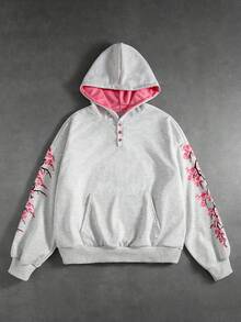 ROMWE MEN Men's Floral Print Colorblock Loose Fit Hoodie - Grey - View 8