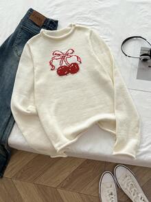 Elamini Sweater Rajut Longgar Kasual Musim Semi/Musim Gugur Wanita Gaya Y2K yang Lucu, Desain Manset, dengan Bordir Motif Ceri, Cocok untuk Sekolah Sehari-hari, Warna Merah dan Putih Kotak-kotak - Krem - View 1