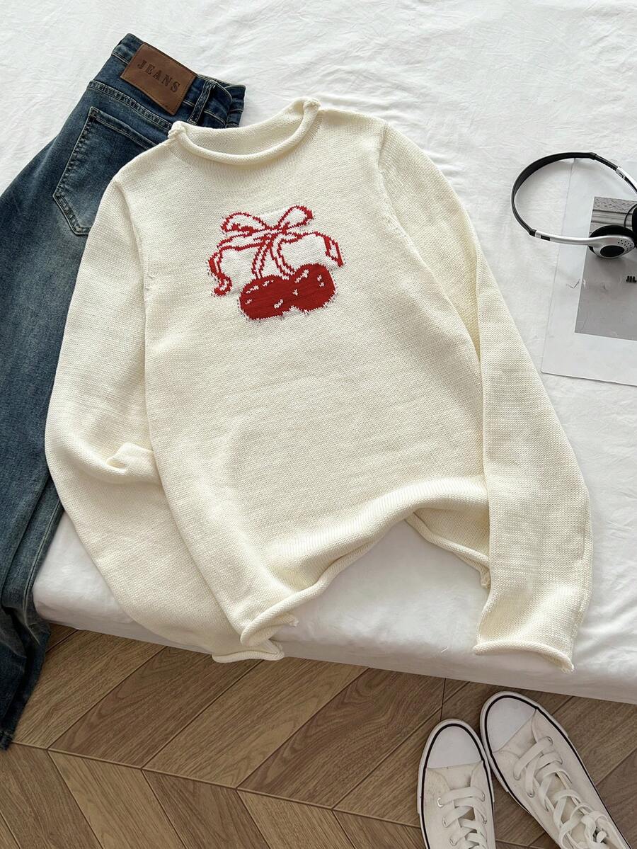 Elamini Sweater Rajut Longgar Kasual Musim Semi/Musim Gugur Wanita Gaya Y2K yang Lucu, Desain Manset, dengan Bordir Motif Ceri, Cocok untuk Sekolah Sehari-hari, Warna Merah dan Putih Kotak-kotak - Krem - View 1