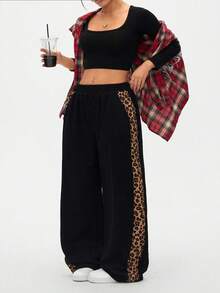 Easura Celana Panjang Kasual Ukuran Besar Streetwear Motif Leopard dengan Panel Samping dan Potongan Lebar untuk Musim Dingin - Hitam - View 5