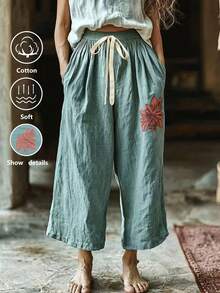 Zayélia Women's Drawstring Waist Floral Print Casual Boho Daily Brunch Vacation Picnic Long Pants Sage Green Fall - Hunter Green - View 1