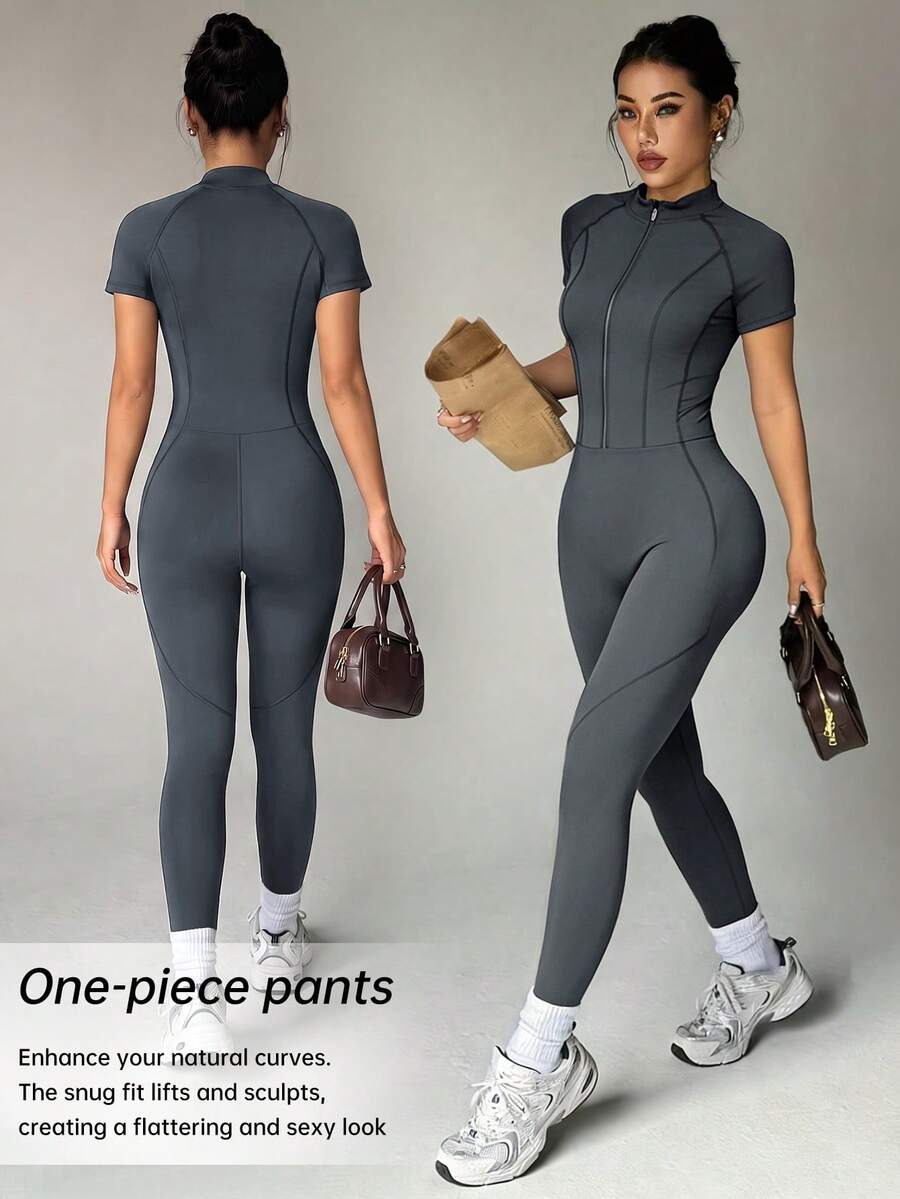Dewbera Dewbera Jumpsuit Olahraga Wanita Warna Polos dengan Resleting Depan, Lengan Pendek Raglan - Dark Grey - View 1