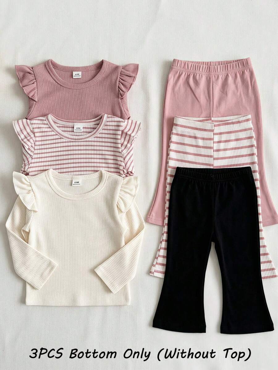 SHEIN Playful Pals 3件組女嬰幼兒百搭休閒多色純色與條紋彈性腰長褲,女嬰喇叭褲,幼兒內搭褲,嬰兒長褲,四季百搭喇叭褲款 - 彩色 - 查看 1