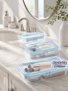 3 Buah Kantong Resleting Transparan PET, Kantong Penyimpanan Plastik Keras Dua Lapis Bening, Wadah Organizer Kosmetik & Mainan Portabel untuk Perjalanan - Biru - View 1
