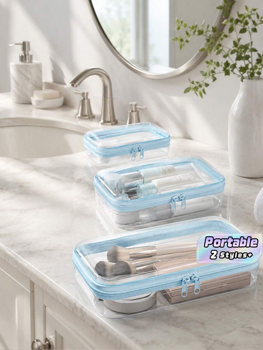 3 Buah Kantong Resleting Transparan PET, Kantong Penyimpanan Plastik Keras Dua Lapis Bening, Wadah Organizer Kosmetik & Mainan Portabel untuk Perjalanan - Biru - View 1