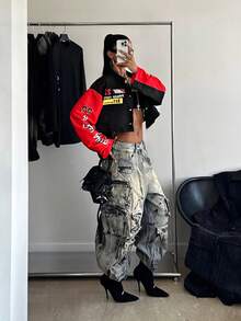 StreetHx Women's Streetwear Motorcycle Style Letter Print Long Sleeve Jacket Going Out Night Out Black And Red Autumn - Black - View 2
